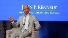 Jeff Bezos, founder of Amazon and Blue Origin speaks during the JFK Space Summit, celebrating the 50th anniversary of the moon landing.