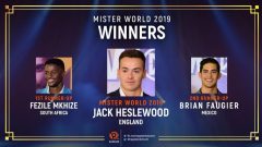 MR WORLD 2019 - Jack Heslewood, England 1ST RUNNER-UP - Fezile Mkhize, South Africa 2ND RUNNER-UP - Brian Faugier, Mexico.