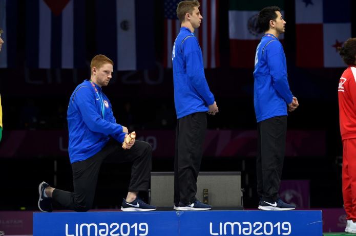 XVIII Pan American Games - Lima 2019 - August 11, 2019 - From left to right: Race Imboden, Nick Itkin, and Gerek Meinhardt, from the USA Team during the Men's Foil Team medal ceremony in Fencing, at the Lima Convention Center during the Pan American Games.