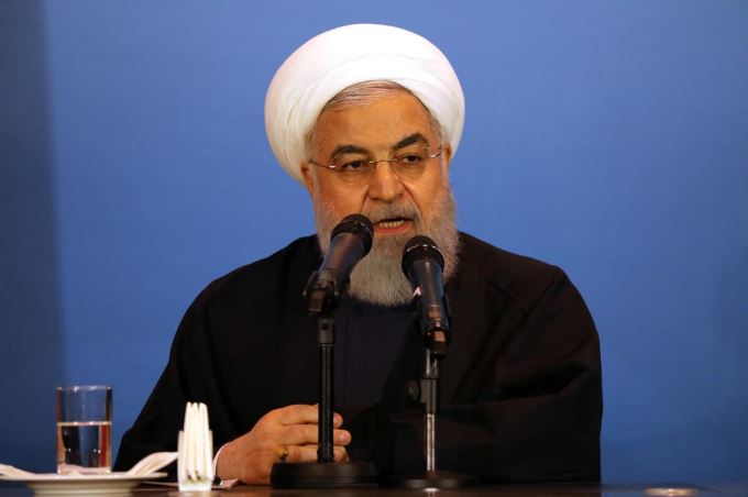 Iranian President Hassan Rouhani speaks during a visit to Kerbala, Iraq.