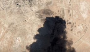 A satellite image shows an apparent drone strike on an Aramco oil facility in Abqaiq, Saudi Arabia.