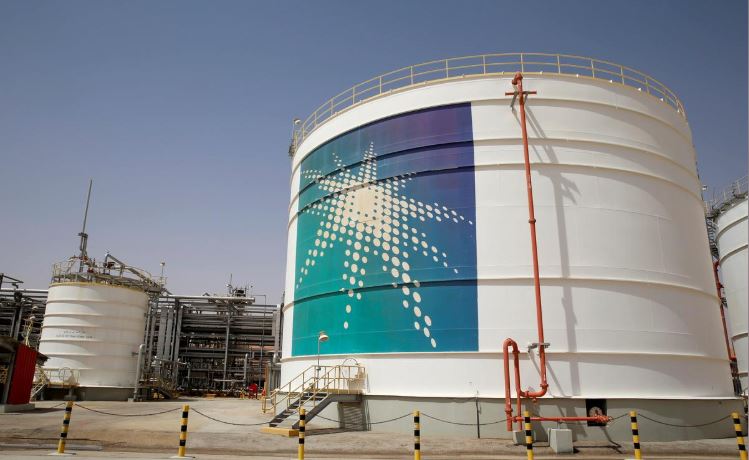 An Aramco oil tank is seen at the Production facility at Saudi Aramco's Shaybah oilfield in the Empty Quarter.