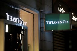 The logo of U.S. jeweller Tiffany & Co. is seen at a store in Nice.