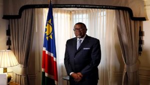 President Hage Geingob of Namibia poses for a photograph before an interview with Reuters in central London.