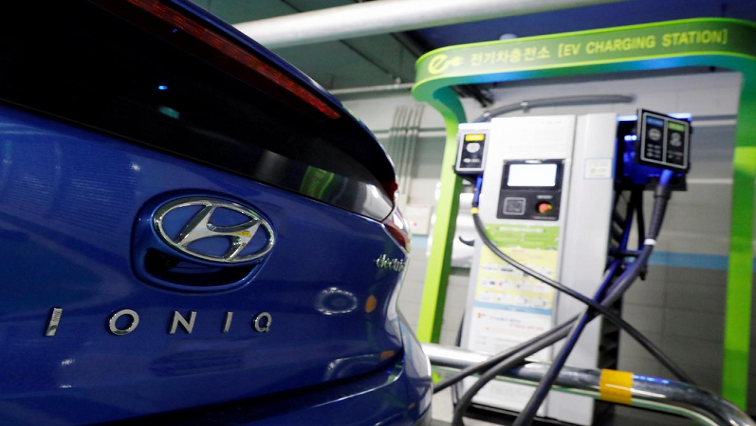 A Hyundai Motor's electric car IONIQ is charged at a electric charging station in Seoul.