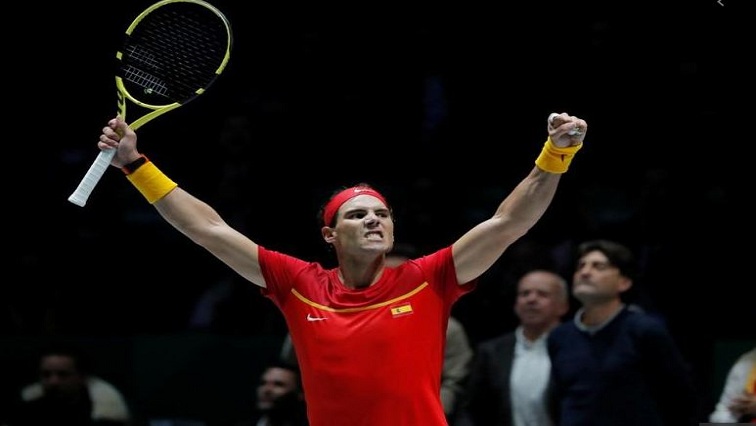 Spain's Rafael Nadal celebrates winning his group stage match against Russia's Karen Khachanov.