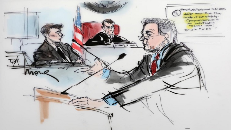 Plaintiff attorney L. Lin Wood is shown with Elon Musk (L) and Judge Stephen Brown looking on, in a courtroom drawing during the trial in a defamation case filed by British cave diver Vernon Unsworth, who is suing the Tesla chief executive for calling him a "pedo guy" in one of a series of tweets, as the case begins in Los Angeles, California, U.S., December 3, 2019. REUTERS/Mona Shafer Edwards.