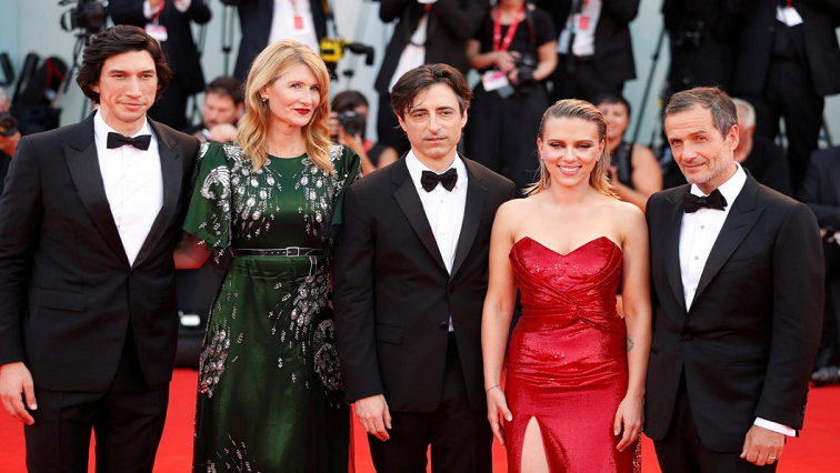 The 76th Venice Film Festival - Screening of the film "Marriage Story" in competition - Red carpet arrivals - Venice, Italy, August 29, 2019 - Actors Adam Driver, Laura Dern and Scarlett Johansson, director Noah Baumbach and producer David Heyman pose.