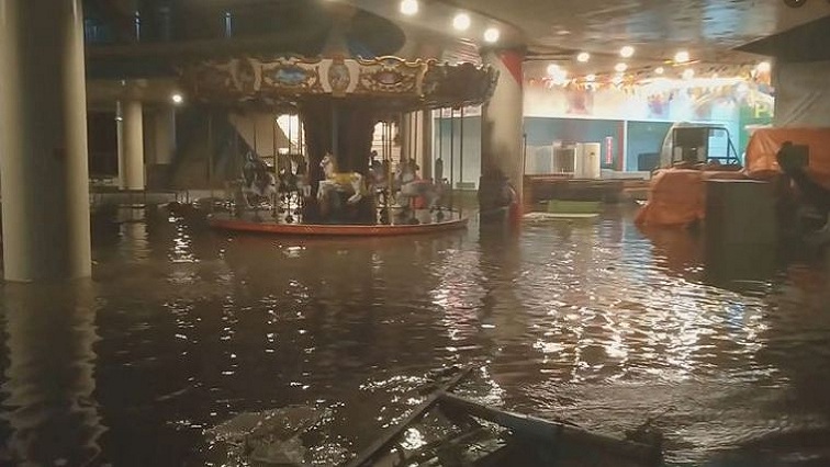 Social media video grab of a flooded amusement area at the Embaracadero De Legazpi (Waterfront Mall) in Legazpi City, Philippines.