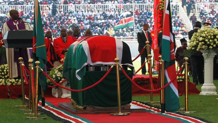 The coffin of late former Kenya's President Daniel Arap Moi draped in the national flag is seen during a memorial service at the Nyayo Stadium in Nairobi, Kenya February 11, 2020.