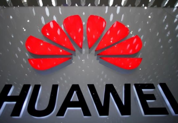The Huawei logo is seen on a communications device in London.