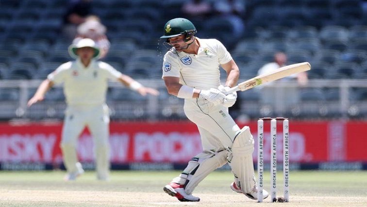 South Africa's Dean Elgar in action as he loses his wicket.