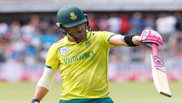 South Africa's Faf du Plessis leaves the field after losing his wicket.