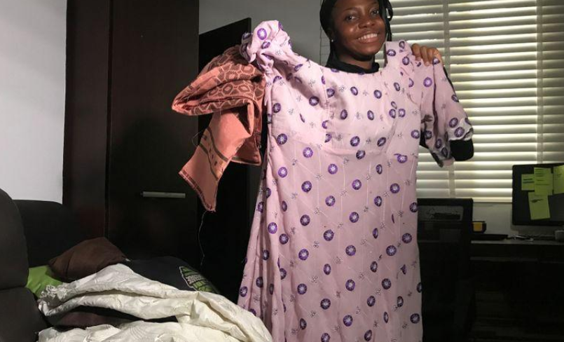 Comedian Apaokagi "Taaooma" Maryam displays some of her costumes used during her skits production in her office, as the government struggles to contain coronavirus disease (COVID-19) in Lagos, Nigeria May 6, 2020