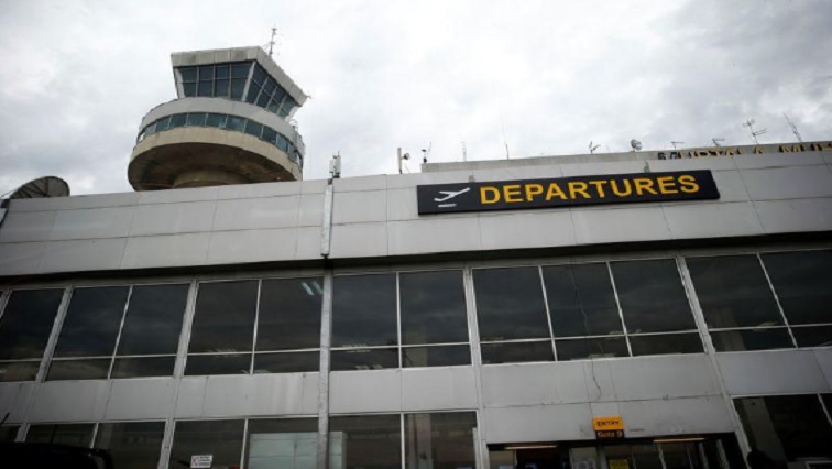 A view showing the tower and departure sign outside the Murtala Mohammed International airport in Nigeria's commercial capital Lagos, May 11, 2017.