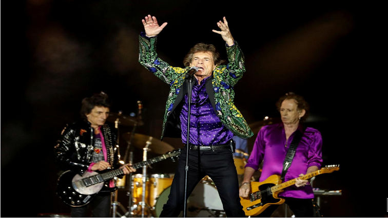 Mick Jagger of the Rolling Stones performs between band members Keith Richards and Ronnie Wood during their No Filter US Tour at Rose Bowl Stadium in Pasadena, California, US.