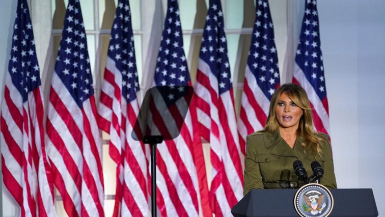 U.S. first lady Melania Trump delivers a live address to the largely virtual 2020 Republican National Convention from the Rose Garden of the White House in Washington, U.S., August 25, 2020.