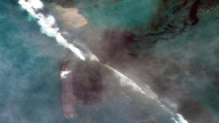 A satellite image shows the bulk carrier ship MV Wakashio and its oil spill after it ran aground off the southeast coast of Mauritius.