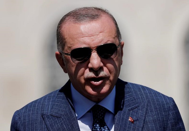 Turkish President Tayyip Erdogan talks to the media after attending Friday prayers in Istanbul, Turkey, August 7, 2020. REUTERS/Murad Sezer/File Photo
