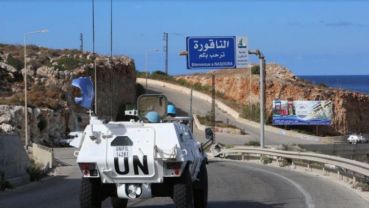 UN peacekeepers (UNIFIL) drive in a vehicle in Naqoura, near the Lebanese-Israeli border, southern Lebanon October 13, 2020.