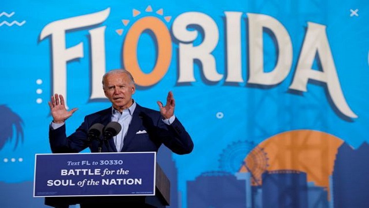 Democratic U.S. presidential nominee and former Vice President Joe Biden speaks at a drive-in, Get Out the Vote campaign stop in Tampa, Florida, U.S., October 29, 2020.