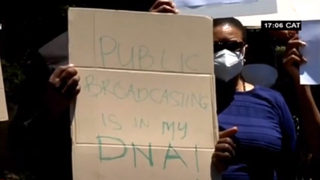 A group of workers embarked on a lunch-hour picket at the public broadcaster's headquarters in Auckland Park, Johannesburg, to protest against the restructuring process