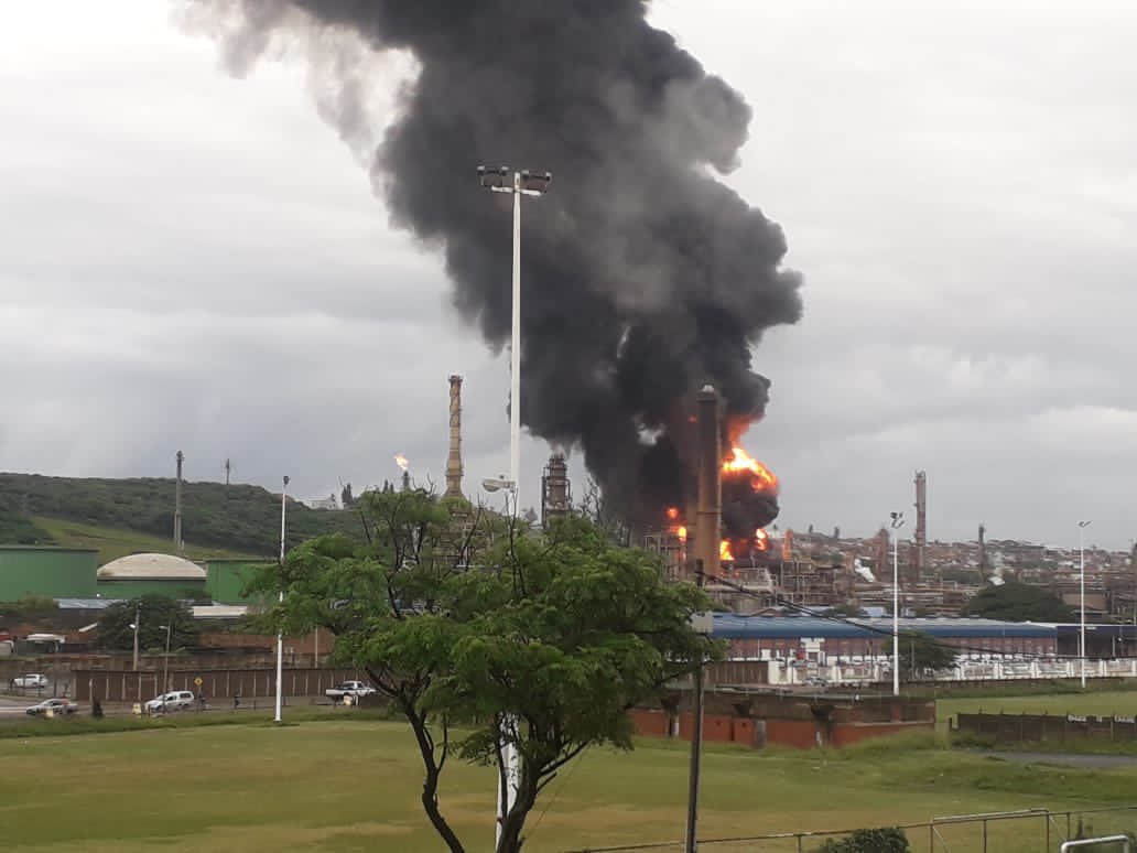 The Engen Oil Refinery in Wentworth Durban is seen covered in smoke after an explosion.