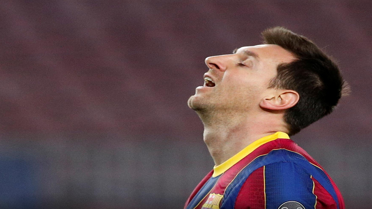 FC Barcelona's Lionel Messi reacts during a Champions League match against Juventus in Barcelona, Spain, on December 8, 2020.