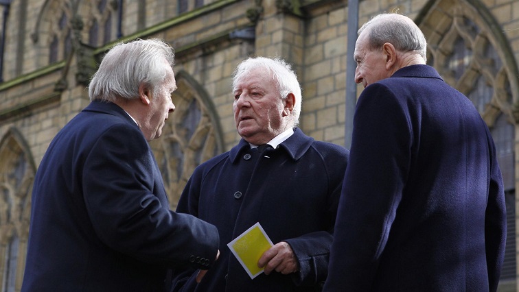 Sir Tom Finney's former team mate Tommy Docherty (C) ex-Blackpool player Jimmy Armfield (R) and PFA Chief Executive Gordon Taylor