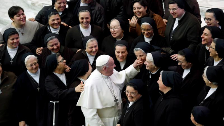 Pope Francis greets a nun during the weekly general audience at the Vatican, on January 15, 2020.