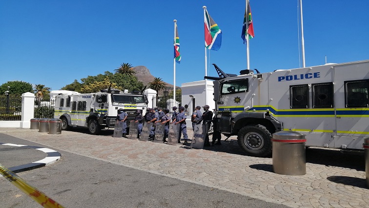 Security is tightened outside parliament in Cape Town ahead of the Budget Speech by Finance Minister Tito Mboweni.