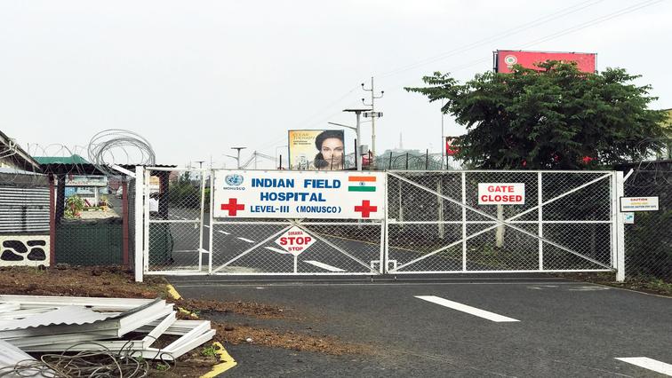 A general view of the locked entrance to the Level III Indian Field Hospital, where the dead body of Italian Ambassador Luca Attanasio lies, in Goma, eastern Democratic Republic of the Congo