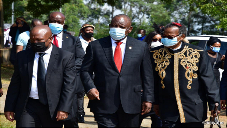 KZN premier Sihle Zikalal (Left), President Cyril Ramaphosa (Centre) and Prince Mangosuthu Buthelezi (Right) arriving at the King's memorial service.