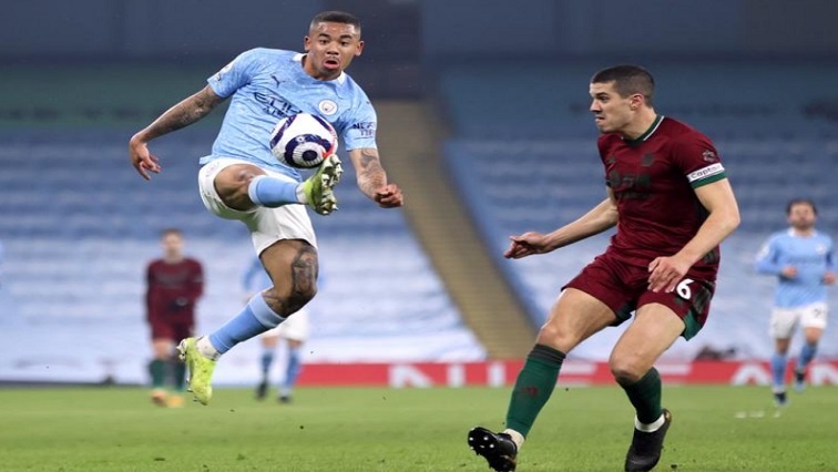 Manchester City's Gabriel Jesus in action with Wolverhampton Wanderers' Conor Coady.
