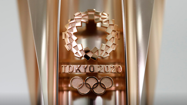 The Olympic torch of the Tokyo 2020 Olympic Games is displayed at the organising committee office, ahead of the start of the torch relay on March 25, 2021, in Tokyo, Japan.