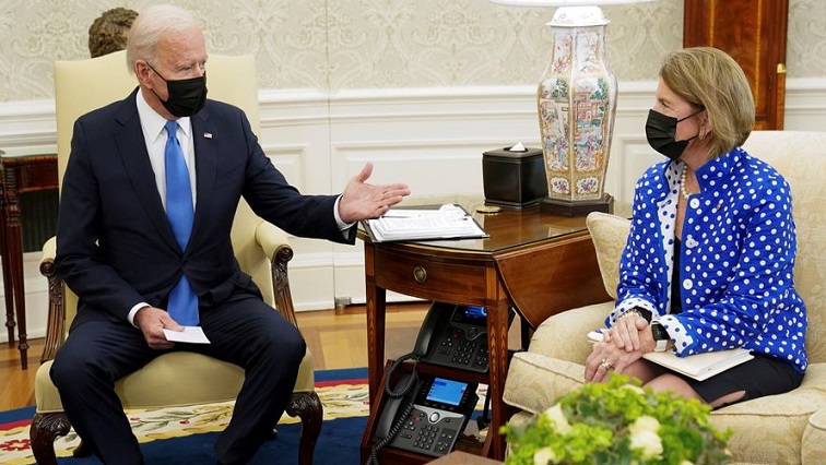 President Joe Biden gestures toward Senator Shelley Capito (R-WV) during an infrastructure meeting with Republican Senators at the White House in Washington [File image]
