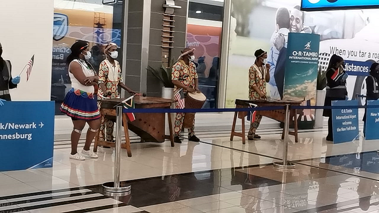 A music band performs at OR Tambo International Airport as South Africa welcomes its first direct flight from New York, USA.