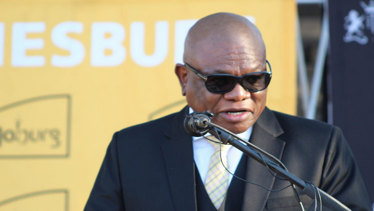City of Johannesburg Executive Mayor Geoff  Makhubo speaks at the Hector Pieterson Memorial in Soweto on June 16, 2021.