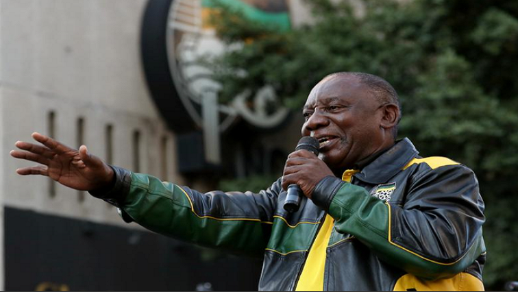 South African President Cyril Ramaphosa addresses supporters of his ruling African National Congress (ANC) at an election victory rally in Johannesburg, South Africa, on May 12, 2019.