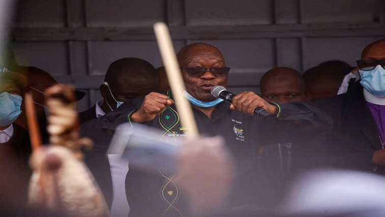 Former President Jacob Zuma speaks to supporters who gathered at his home at Nkandla, KwaZulu-Natal on Sunday, July 4, 2021.