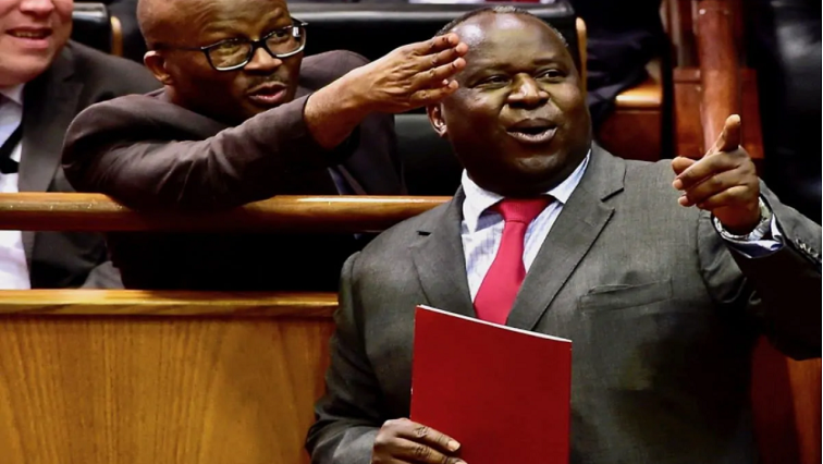 Minister Mboweni (front) during the tabling of his 2018 medium-term budget in parliament.