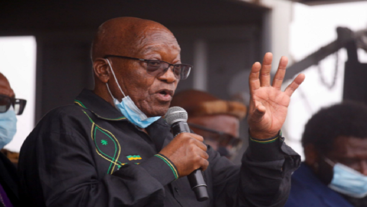 Former president Jacob Zuma speaks to supporters who gathered at his home, after the Constitutional Court agreed to hear his challenge to a 15-month jail term, in Nkandla, South Africa, on July 4, 2021.