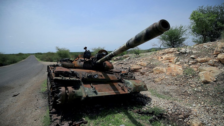 A tank damaged during the fighting between Ethiopia's National Defense Force (ENDF) and Tigray Special Forces stands on the outskirts of Humera town in Ethiopia July 1, 2021.