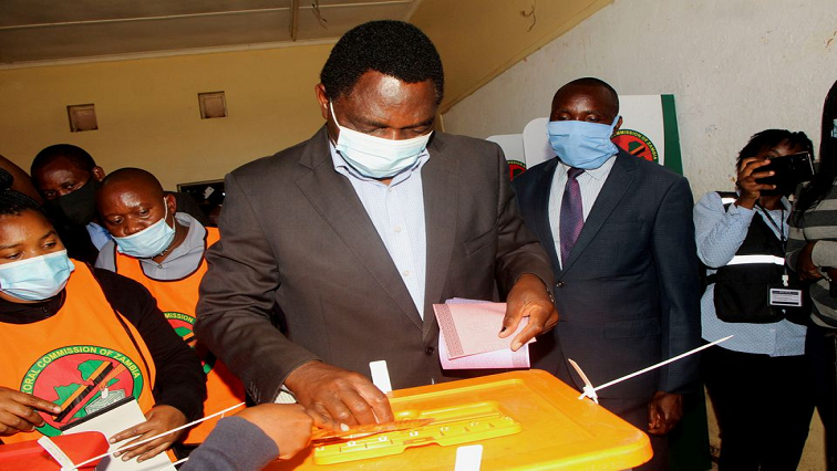 Opposition UPND party's presidential candidate Hakainde Hichilema casts his ballot in Lusaka, Zambia.