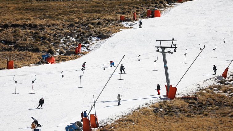 People ski at Kapoko Snow Park at Afriski Mountain Resort in Butha Buthe, Lesotho.