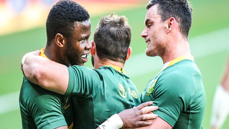 Boks players embrace each other during their match against Argentina on 14 August, 2021 at the Nelson Mandela Bay Stadium.