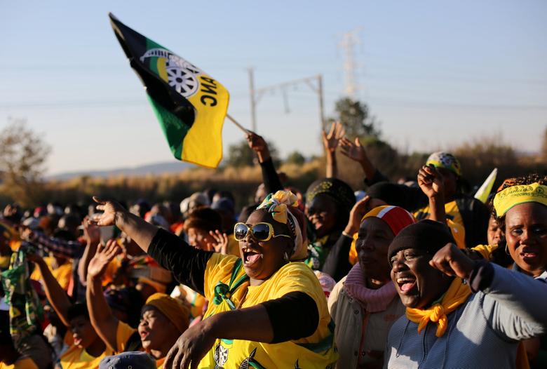 African National Congress supporters chant slogans during an election campaign in Atteridgeville, Pretoria, July 5, 2016.