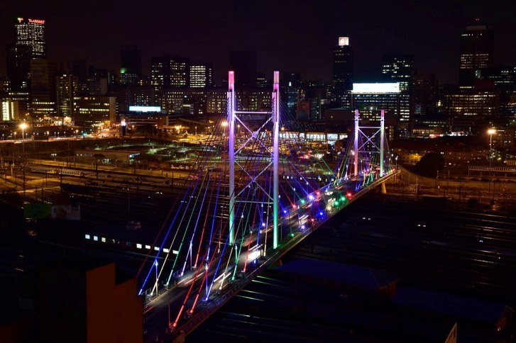 Night view of the Nelson Mandela Bridge in Braamfontein, Johannesburg