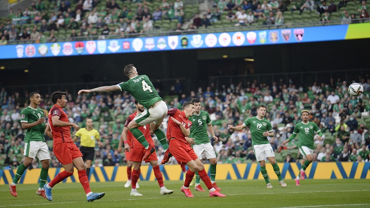 Republic of Ireland's Shane Duffy scores their first goal.