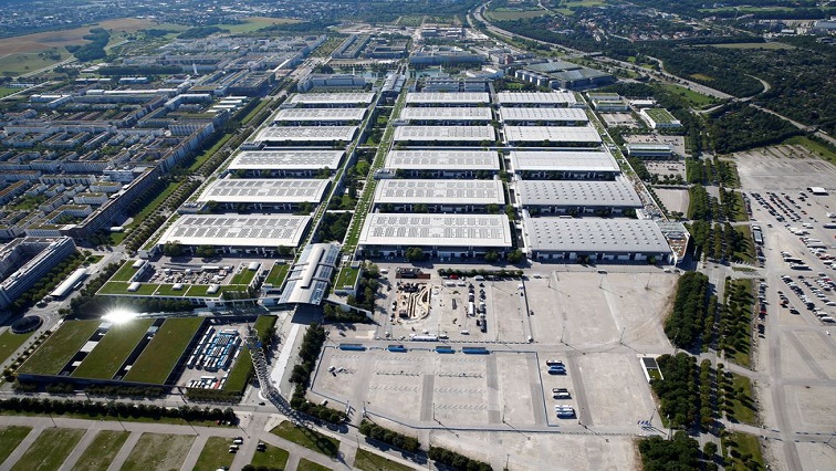 An aerial view shows the fairgrounds ahead of the Munich Motor Show IAA Mobility 2021 in Munich, Germany.